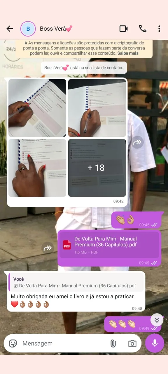 Captura real de conversa com fotos do material e agradecimento pela leitura