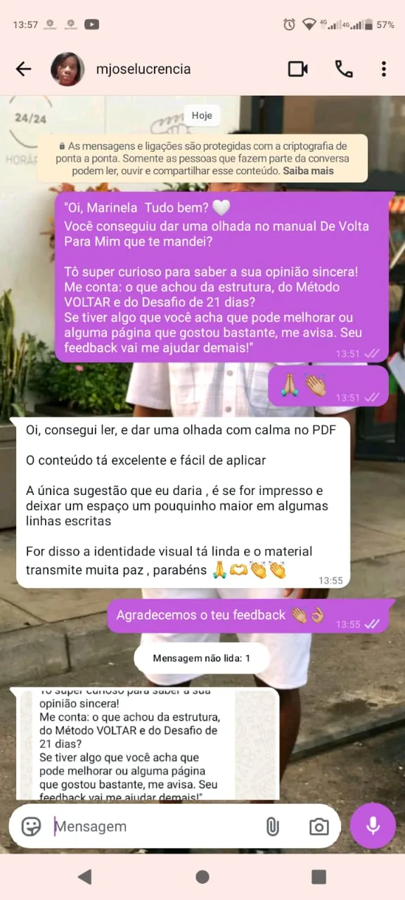 Captura real de conversa com feedback sobre o Método VOLTAR e o Desafio de 21 Dias