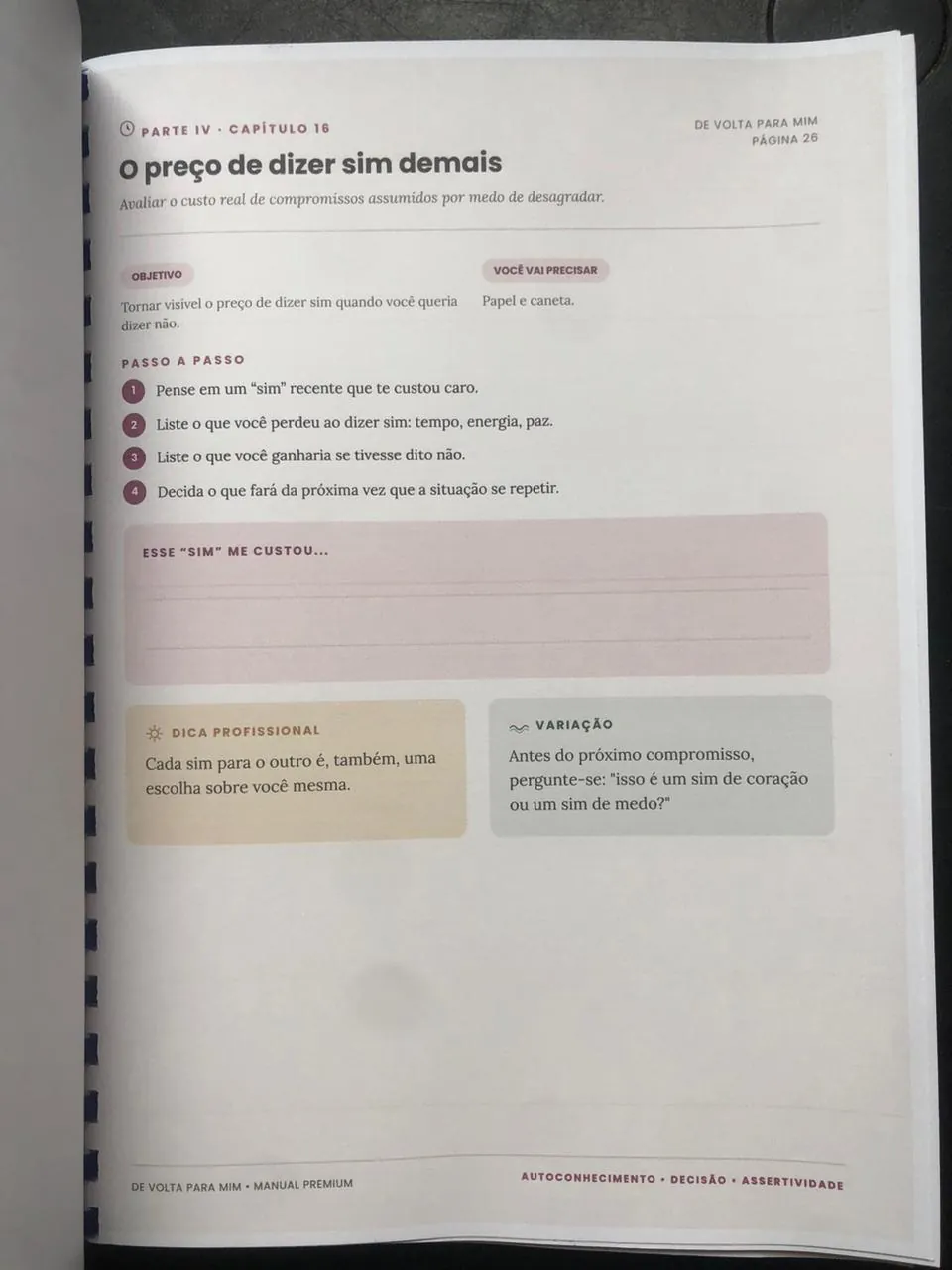 Foto real de uma página interna do material De Volta Para Mim, capítulo sobre o preço de dizer sim demais